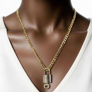 Stainless Steel Gold-Plated Necklace with Authentic Louis Vuitton Padlock